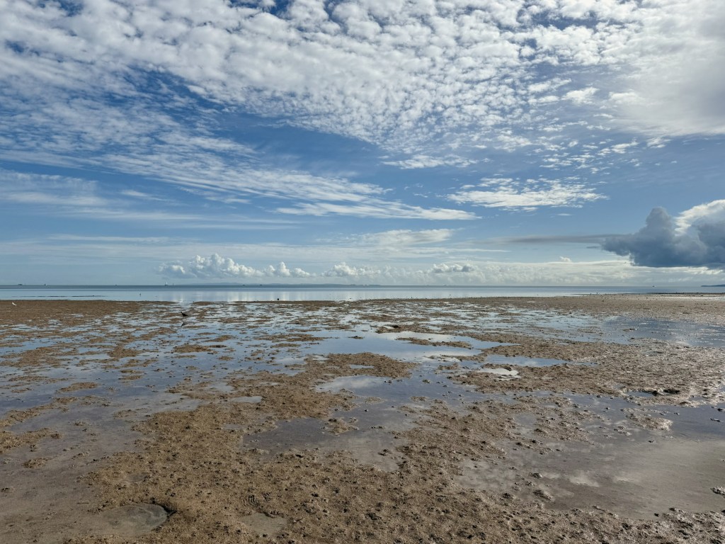 The beach with many pools in the sand.