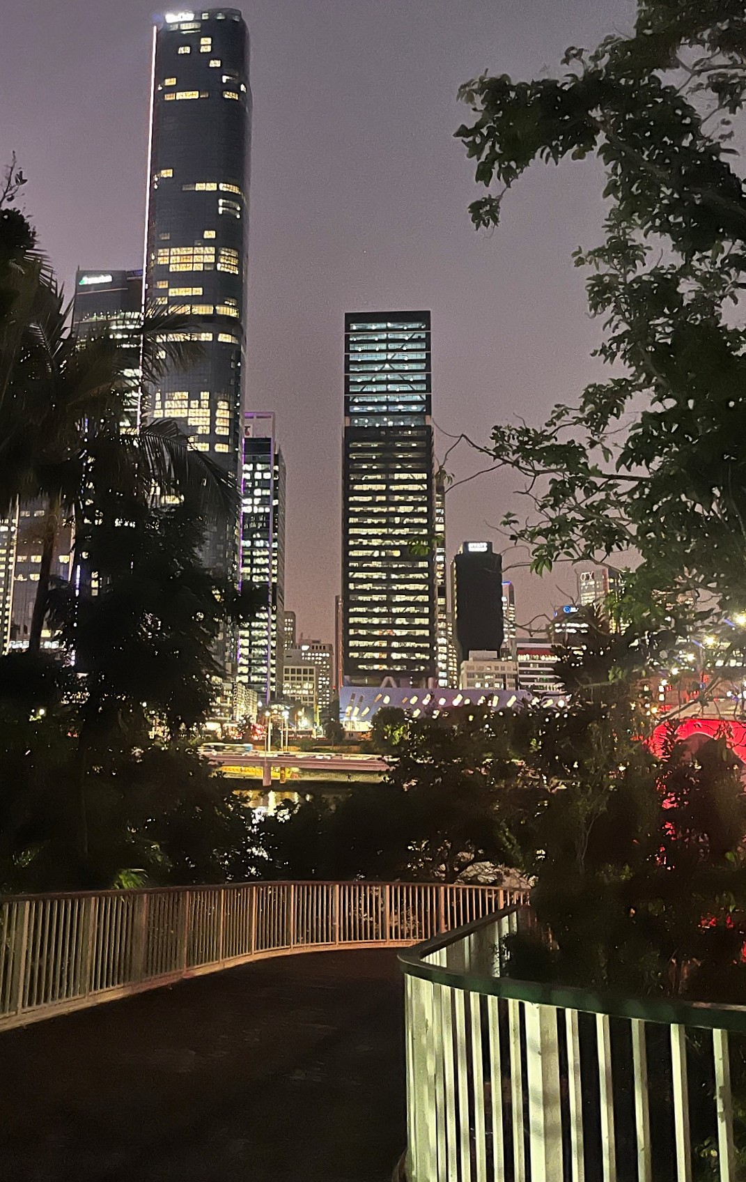 Brisbane, Southbank. Nighttime lights show in high-rise buildings.
